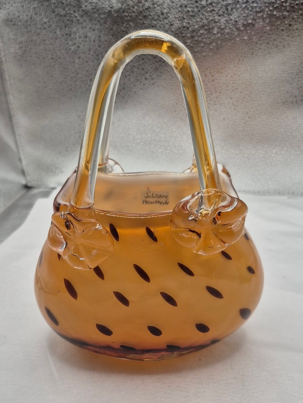 Handblown Amber Glass Vintage Polkadot Purse Cute Kitsch Decor Gift Idea! SIGNED